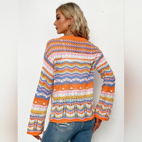 Bright Chevron Stripe Openwork Knit Button Front Long Sleeve Retro Cardigan - Picture 5 of 6